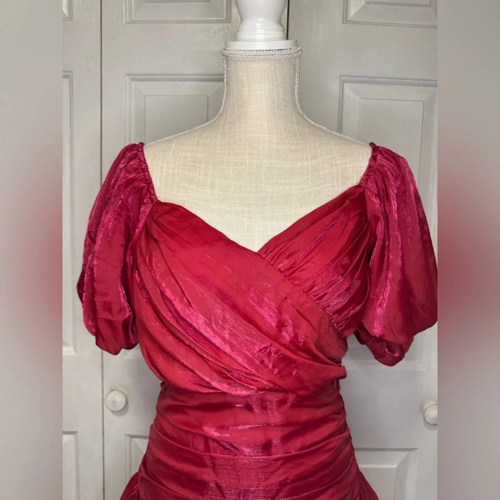 Storia Vibrant Red Mini Dress Ruched Ribbed M - Picture 2 of 9